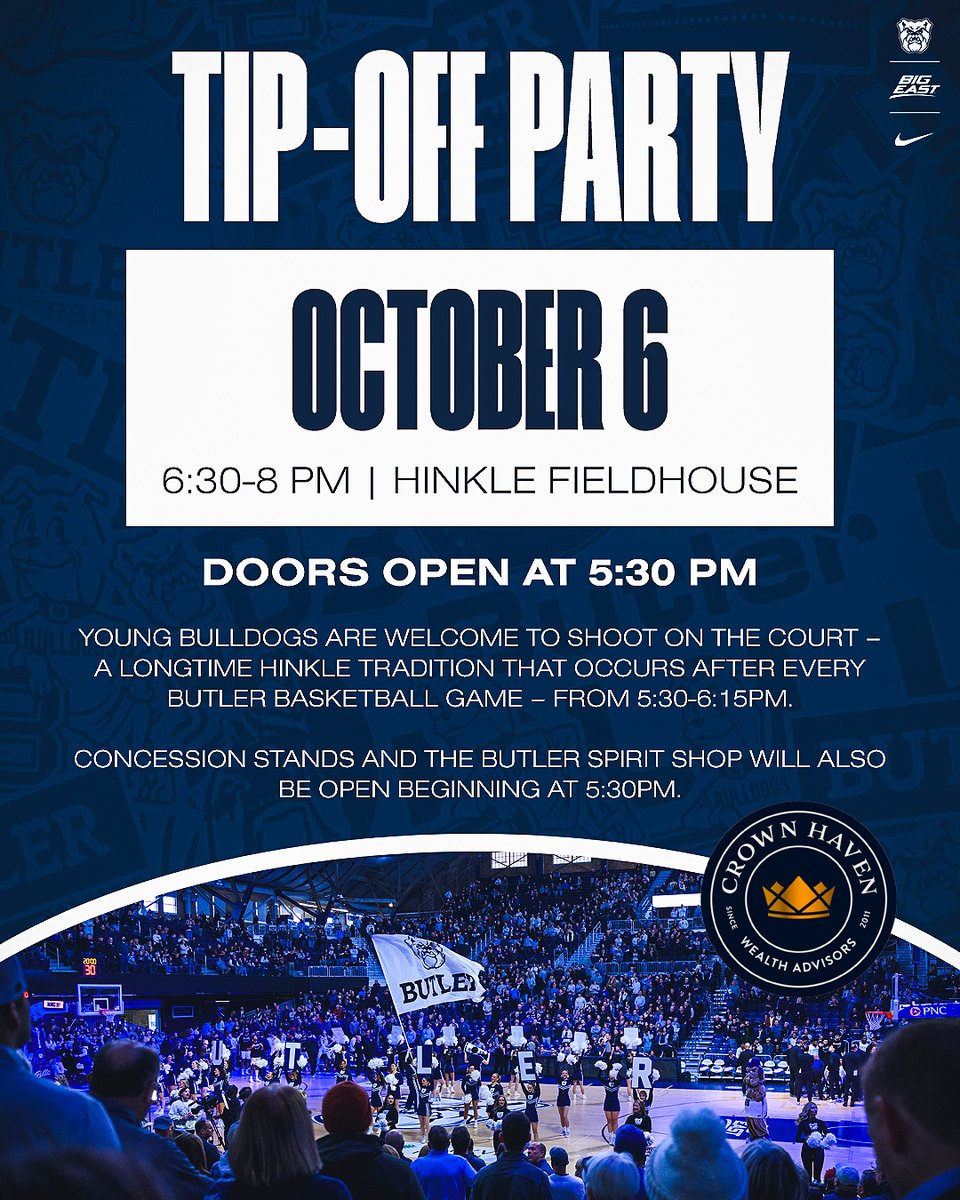 ButlerAthletics's tweet photo. It's TIP-OFF PARTY time! ⏰🥳

➡️ Doors open at 5:30 PM &amp; the event starts at 6:30 PM https://t.co/omFsA4BH0y