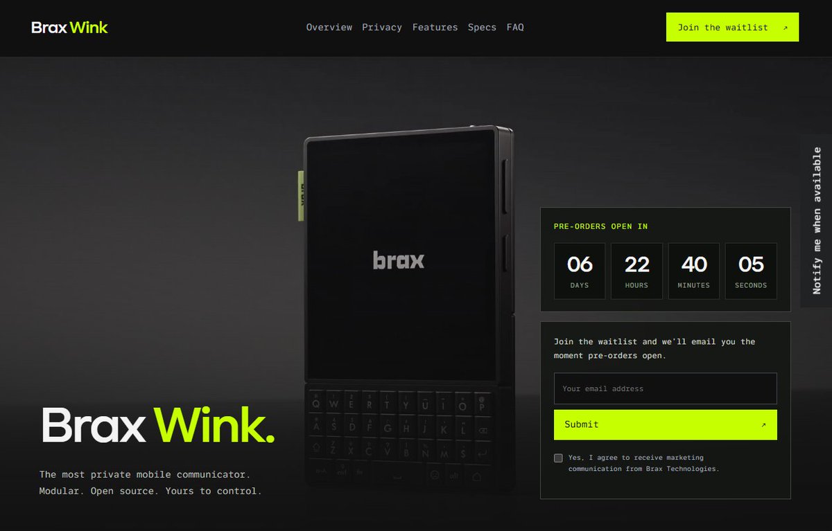 ReturningRetro's tweet photo. For those who missed it @BraxSocial has added a new landing page with TONS of details for Brax Wink! Announcement email copy-pasted here:

Hi there,
  We have a date: pre-orders for Brax Wink open on Tuesday, October 13. Wink is our small communicator built around privacy.
  You followed Brax Wink while it was being built, so we wanted you to see this first: https://t.co/d6vuW0aaDe now has a lot of new details about the device.

The updated page includes:
•Interactive BraxOS screens you can click through
•How the privacy switch works and what you can assign to it
•The data wipe options, including the duress password
•Full specs
•Answers to common questions

See the new Wink page→https://t.co/H3U5kwbtGj

Pre-orders open on Tuesday, October 13.
Brax Technologies

#QWERTY