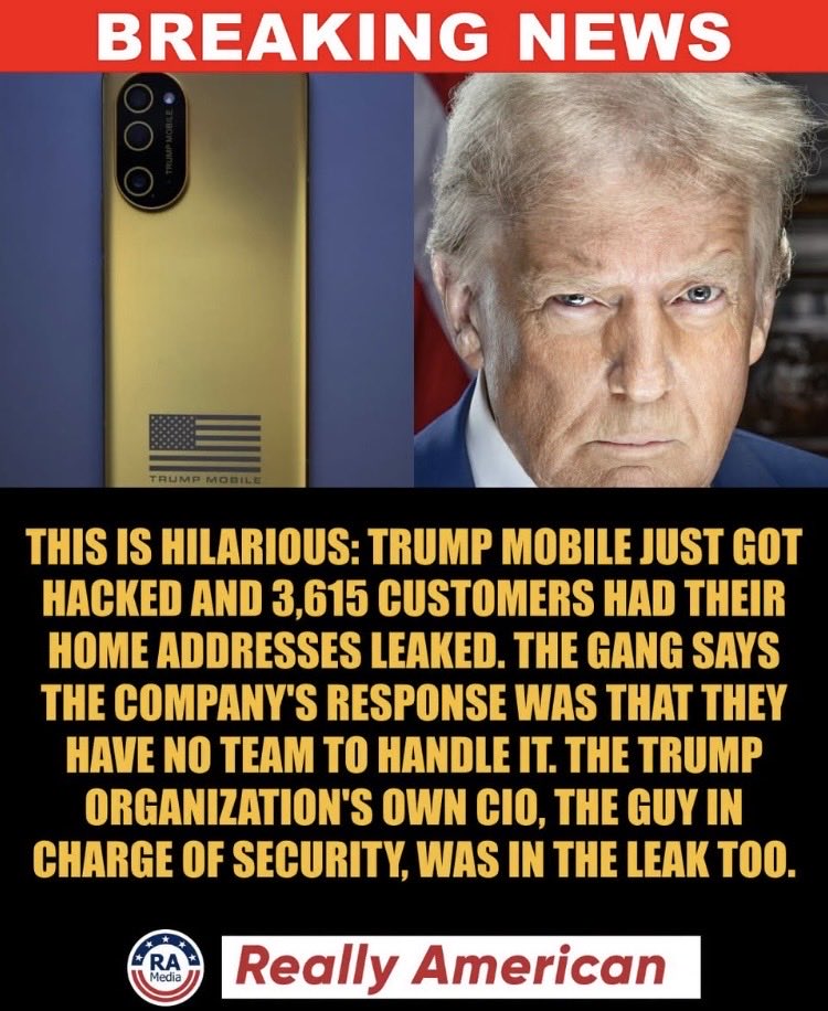 Suzierizzo1's tweet photo. Oh No Trump Mobile got hacked and 3,615 customers got their addresses leaked. Apparently the guy in charge of Security had his information leaked too. https://t.co/kXsU7YoWtl