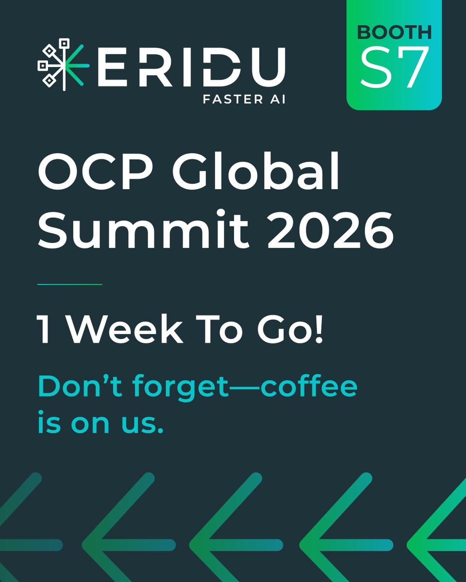 EriduAi's tweet photo. 1 week until OCP Global Summit! If you're helping to build data centers that are at the leading edge of AI training and inference, make sure to say hi.

A few ways to connect:
➡️ Meet us at Booth S7 in the Expo Ballroom on Tuesday, Wednesday and Thursday
➡️ Check out our Wednesday session with @delosdata on an architecture for scale-up domains of 5000+ GPUs
➡️ Hear Eridu's Dan Biederman dive into solving the challenges of precise time for high radix switches on Thursday

And in case you need an espresso to keep up with everything, get free coffee on us from the barista carts in the Expo hall!  ☕

Learn more about what Eridu is up to at OCP and how to get in touch at: https://t.co/SRTmbn7gVq

#OCPSummit26