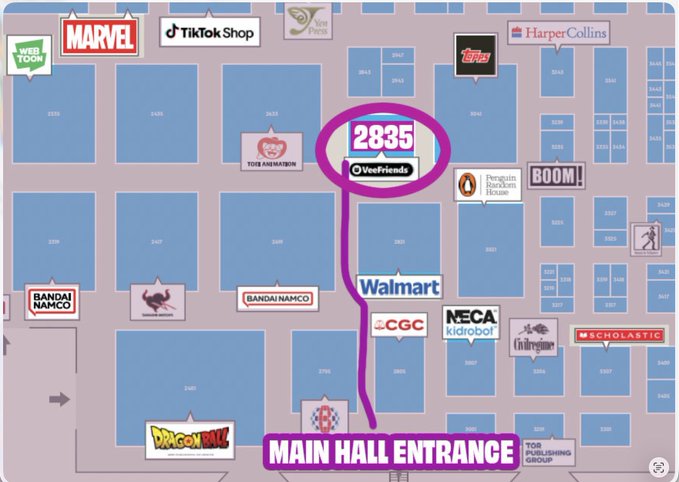 A floor plan for New York Comic Con highlights booth 2835 for WebFriends with a prominent purple circle and directional line from the Main Hall Entrance, showing nearby exhibitors like TikTok Shop, Marvel, HarperCollins, and BOOM! Studios to help attendees easily locate the booth amid the crowded convention hall.