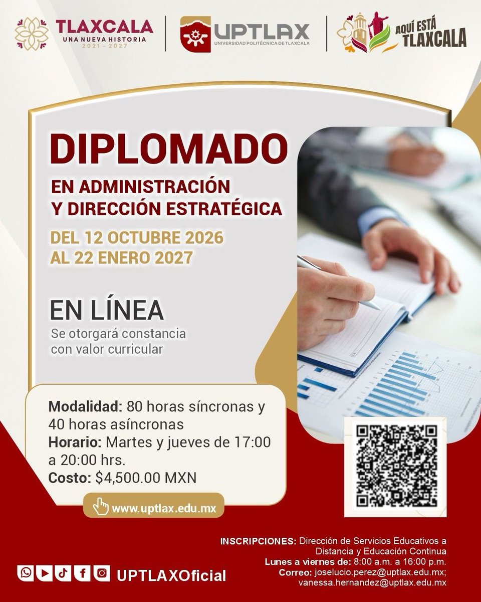 CEPC2025's tweet photo. ¿Quieres potenciar tus habilidades de liderazgo y gestión?

La Universidad Politécnica de Tlaxcala te invita al:

DIPLOMADO EN ADMINISTRACIÓN Y DIRECCIÓN ESTRATÉGICA
📅 Del 12 de octubre de 2026 al 22 de enero de 2027
💻 100% EN LÍNEA | Con constancia con valor curricular https://t.co/QyQ2hCleHg