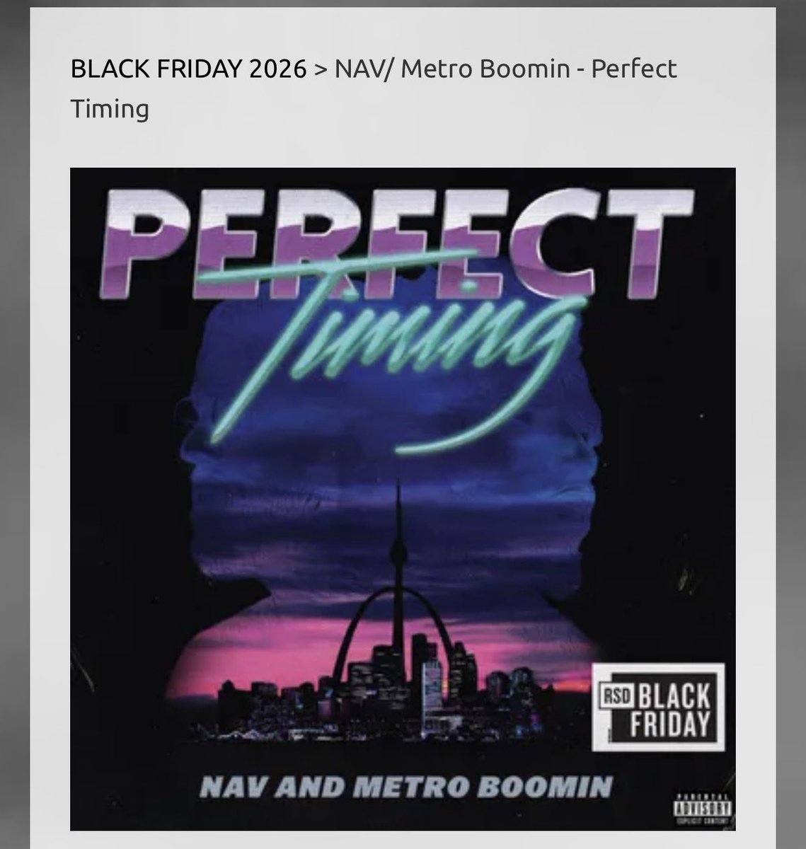 99Vinyl's tweet photo. 🚨 First Look/Upcoming Release

NAV &amp; Metro Boomin - Perfect Timing 

RSD Black Friday 11-27-26

2LP Purple Vinyl - 2,500 Units https://t.co/l8PW2XPu8y