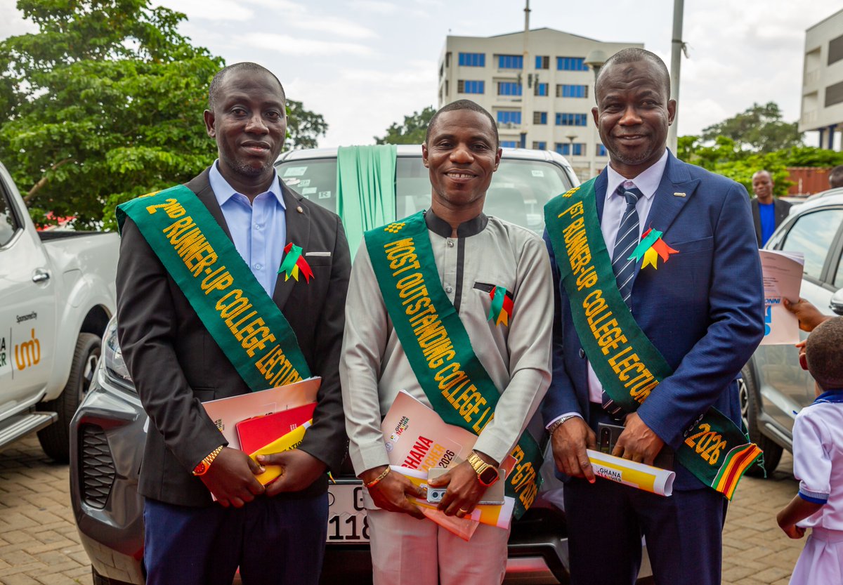 TTELGhana's tweet photo. Congratulations to the winners of Best College of Education (CoE) Lecturer 2026.
Nathaniel Atikumi (middle) of Presbyterian CoE is the overall winner. Stephen Kwame Amoako (right) and Bosco Aboagye (left) both of St. Monica's CoE are 1st and 2nd runner-up respectively.
1/2 https://t.co/nl4mVm41NR