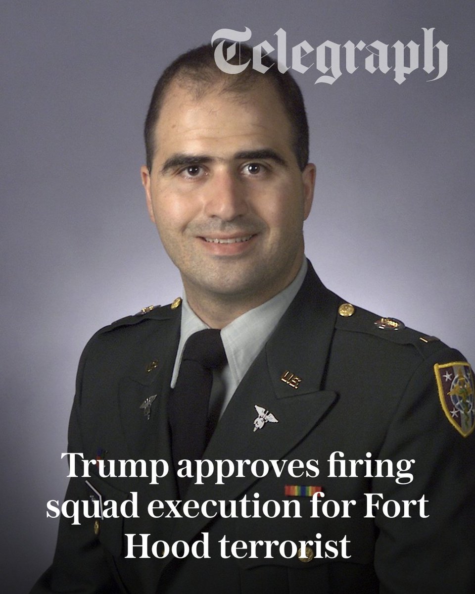 Telegraph's tweet photo. Donald Trump has approved America’s first execution by firing squad in more than 60 years, for a terrorist who shot service members at Fort Hood.

Nidal Malik Hasan, now 56, walked into a medical building on the army base in Texas and opened fire on soldiers preparing to deploy to Afghanistan and Iraq in November 2009.

🔗:https://t.co/7AkszwMZyw