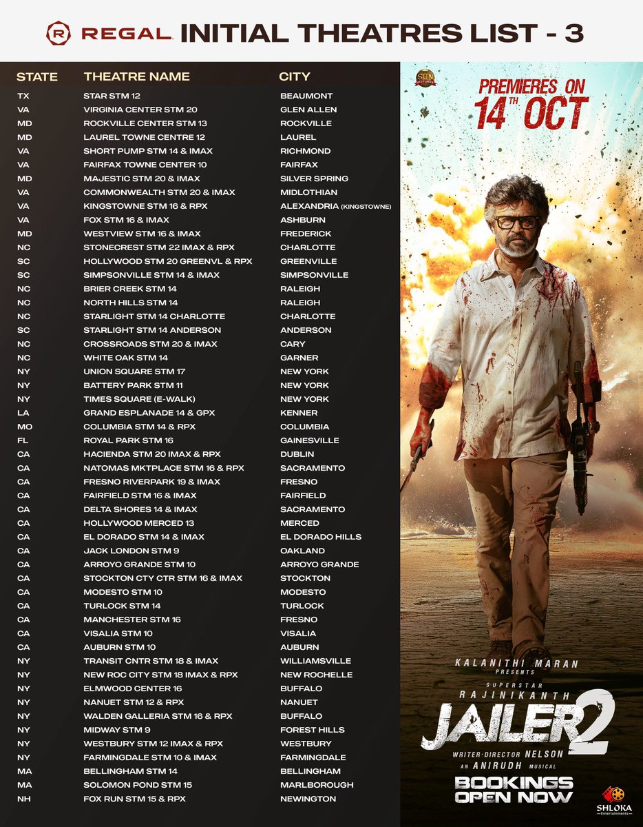 Chrissuccess's tweet photo. REGAL Theatre Iist for #Jailer2 in USA! https://t.co/cunfWmmHoO