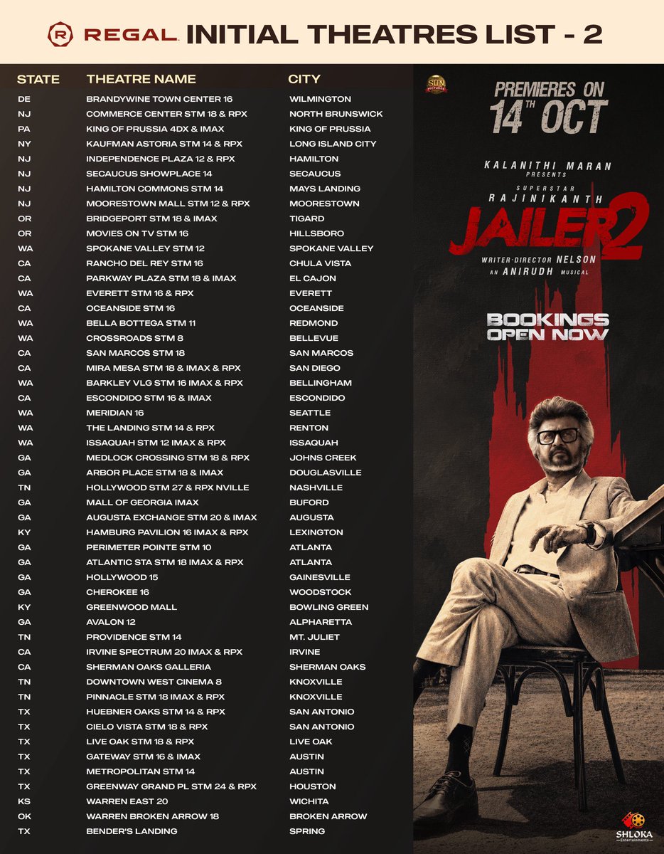Chrissuccess's tweet photo. REGAL Theatre Iist for #Jailer2 in USA! https://t.co/cunfWmmHoO