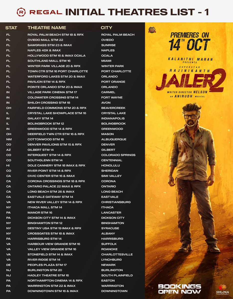 Chrissuccess's tweet photo. REGAL Theatre Iist for #Jailer2 in USA! https://t.co/cunfWmmHoO