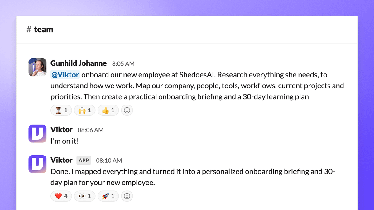 shedoesai's tweet photo. I didn't think AI could onboard a person. It took 4 minutes to prove me wrong.

12 tools, 100+ Slack threads, dozens of docs. Mapped before her first day.

I'm Gunhild. I run ShedoesAI, a creator business with a small team.

Onboarding used to mean long meetings and endless questions. We tried AI as an assistant first. Useful, but still one question at a time.

So we gave Viktor the whole job: map our company, people, tools, workflows and priorities, then build an onboarding briefing and a 30-day plan.

He lives in our Slack and works across 3,200+ tools. Four minutes later the plan was ready. My assistant reviewed it and added what only the team knows.

The result: 7 hours of meetings saved in the first week and her first task shipped.

Chatbots answer. Copilots assist. Employees own outcomes.

Hire @viktor_com for your team. $100 in credits included, no card. Full link in first comment.

#AIemployee