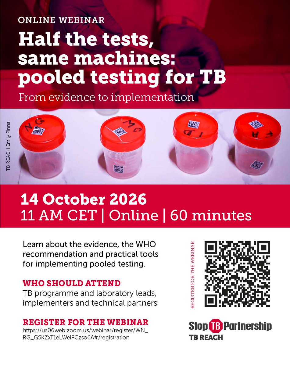StopTB's tweet photo. At ~US$8 a test, testing everyone w/ presumptive TB is out of reach for many programmes. We  promote Sputum Pooling as it will cut cost per person tested to US$3.90, using machines already available. Join us !

🗓14 Oct 2026 | 11 AM CET | Zoom
🔗Register: https://t.co/HhlDnYeBaa https://t.co/k4u9brWc2X