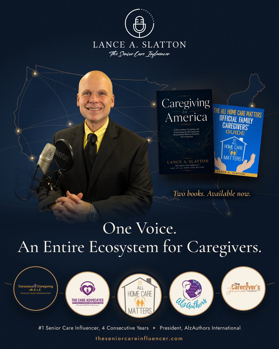 allhcms's tweet photo. 💙 Caregiving changed the direction of Lance A. Slatton’s life — and it continues to shape everything he works to build today.

Lance A. Slatton (@Lanceaslatton) has made it his mission to help caregivers and the loved ones they support feel seen, heard, informed, and less alone.

That mission now extends across a growing caregiving ecosystem:

🎙️ All Home Care Matters (@allhcms) — creating conversations, education, and resources for families navigating caregiving, aging, senior care, and long-term care.

📚 AlzAuthors (@AlzAuthors) — where Lance serves as President and works to lift up authors and writers whose books, lived experiences, expertise, and stories support families navigating Alzheimer’s disease, dementia, and caregiving.

💜 The Care Advocates (@mycareadvocates) — giving caregivers, advocates, experts, and families a place to discuss the issues affecting those navigating care and long-term support.

🎧 Conscious Caregiving with L & L (@ConscCareLL) — bringing difficult and often overlooked conversations about aging, dementia, caregiving, and family life into the open.

📖 The Caregiver’s Journal (@carejournal) — giving family caregivers a platform to share their experiences, wisdom, struggles, and stories with others who understand the journey.

And through his books, “Caregiving in America” and “The All Home Care Matters Official Family Caregivers’ Guide,” Lance continues working to put practical information, resources, and support directly into the hands of families. 📚

But the goal has never simply been to build more platforms.

It is to build more pathways to help people. 🤝

A caregiver searching for answers.

A spouse caring for a loved one living with dementia.

An adult child suddenly responsible for a parent’s care.

An author whose words could provide hope to someone they may never meet.

A family trying to make the best decision possible during one of the hardest seasons of their lives.

Those are the people behind the work. 💙

Different platforms. Different voices. Different conversations.

One mission:

To support caregivers.
To help families.
To elevate voices that matter.
And to make sure fewer people feel alone when caregiving becomes part of their story. ✨

#caregiving #familycaregiver #caregiversupport #dementiacare #seniorcare #aginginplace #eldercare #longtermcare #caregiverresources #caregiveradvocacy