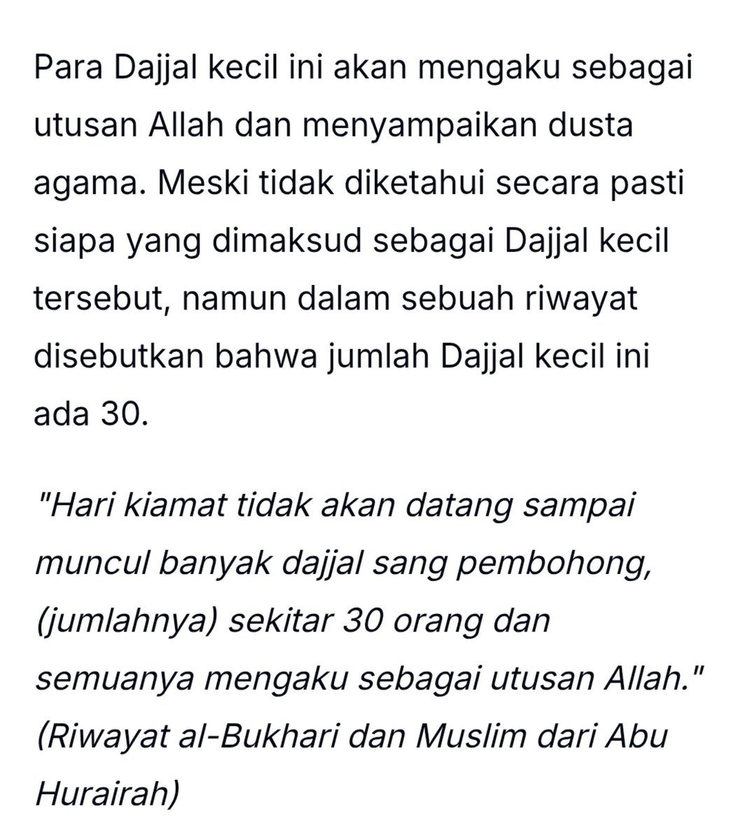 Rekomshopwe's tweet photo. @serenandin Ya silakan ka gpp kalau ga percaya ciri fisik. Tapi, kalau sy percaya karena itu tertera di hadits sahih ciri fisiknya. Sebelum muncul Dajjal utama juga ada Dajjal kecil, dan ini ada di hadits sahih juga. https://t.co/lITj8GMHyU