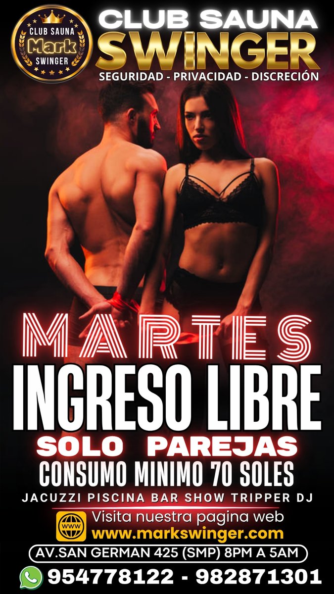 saunamarksw's tweet photo. 📆 *MARTES 06 SEPTIEMBRE: INGRESO LIBRE A PAREJAS Y CHICAS SOLAS, NOCHE DE CORNUDOS Y PAREJAS NUEVAS.*

🌀 *CONTÁCTANOS*
📱 https://t.co/LFhv8eGrfs
📱 https://t.co/MLzAJlZGcj

🏠 *LOCAL: Av. San Germán 425 (SMP)* 
🕒 *HORARIO: De 8PM A 5AM*

📌 *CHICAS: S/. 30 Soles*
📌 *PAREJAS: S/. 70 Soles*
📌 *SOLOS: S/. 100 Soles* 

📌 *INCLUYE:*
✅ Jacuzzi y piscina con hidromasaje temperado
✅ 10 habitaciones para interactuar 
✅ Cámara seca y vapor
✅ Se brindan toallas y sandalias
✅ Casilleros guardarropas
✅ Estacionamiento externo vigilado
✅ Sillones tártricos y camillas
✅ Bar, música y Show stripper
📌 *IDEAL PARA FANTASÍAS:*
✅ Exhibicionismo, nudismo 
✅ Ver y ser vistos (Cada uno con su pareja) 
✅ Intercambios de pareja
✅ Voyeurismo (solo ver)
✅ Trios HMH y experiencias cuckold

🌐 *Pagina web*
https://t.co/f5zbqgy9Vb
✖️ *Síguenos en Twitter (X)*
https://t.co/jC5U8schWo
🎬️ *Síguenos en tiktok*
https://t.co/MJykqqkV9T
🟢 *Síguenos en Telegram*
https://t.co/guNljikGX0