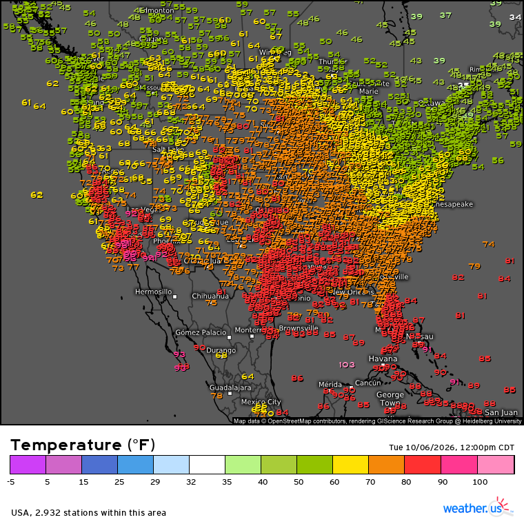 WeatherdotUS's tweet photo. Shown is a map of measured air temperature across the continental USA this noontime: 

https://t.co/5ksxAB7s8v

TT https://t.co/H0X5OggQ6Q