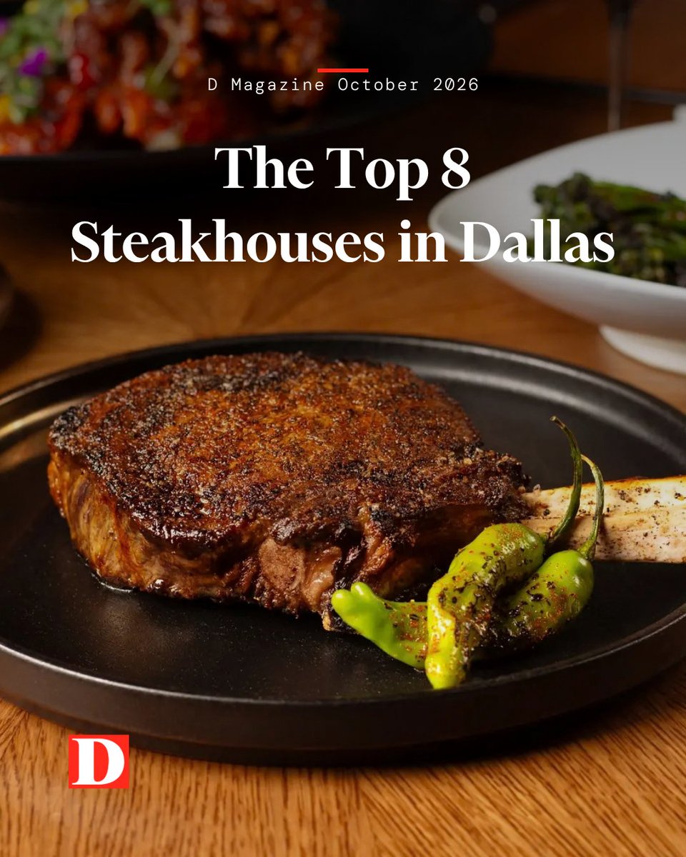 DMagazine's tweet photo. Every decade or so, D Magazine updates its ranking of the best steakhouses in Dallas. And we put in the work. Over the past year, we visited 35 steakhouses in Dallas and its suburbs, spending $16,958 in expense money. Our dining critic judged steakhouses on whether they made each night feel like a special occasion, plus the quality and cook of the beef, wine and cocktail programs, service, and atmosphere. (An over-the-top dessert helps, too.) Then he revisited the top spots to check on consistency—giving no second chances to restaurants that disappointed. At these sky-high prices, few customers can afford to offer a second chance.⁠
⁠
The result is our new Top Eight. Half of the eight are new since our last steakhouse issue came out in 2018. Read now to meet the newcomers and learn the state of our scene, and keep an eye out for more juicy info in the coming weeks, including the best steaks that aren't at steakhouses and a guide to deciphering beef marketing hype. https://t.co/DGZblRqDyg