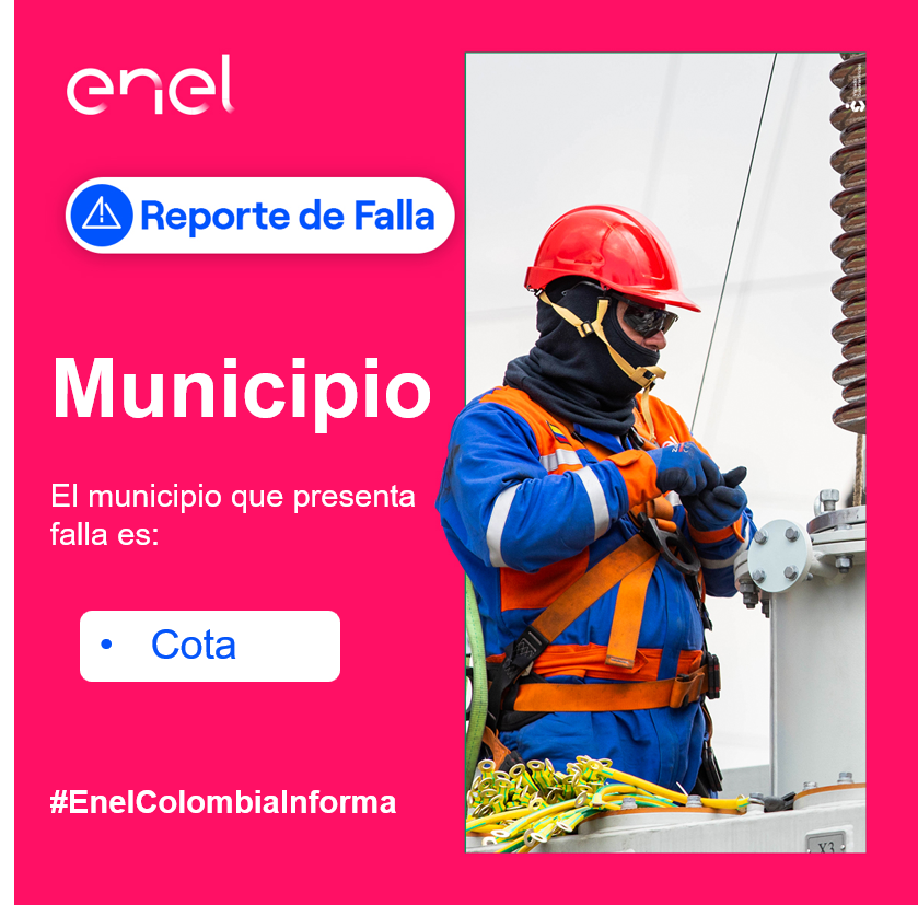 EnelClientesCO's tweet photo. #Cundianamarca nuestro equipo se dirige a la zona para identificar la falla reportada, seguimos trabajando para ti 👨🔧⚡
El municipio afectado es:
#Cota
Te invitamos a estar pendiente de nuestros canales para mayor información. https://t.co/mg1T8la7zY