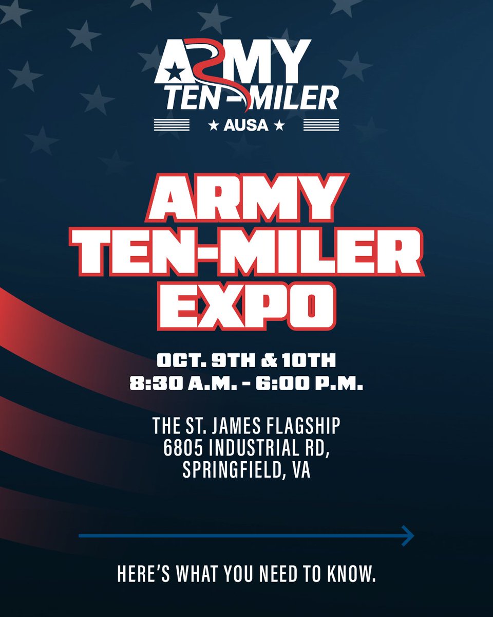 armytenmiler_'s tweet photo. Kick off the Army Ten-Miler at the Expo! 🏃🏽‍♀️ Take a shuttle, pick up your race packet and bib, grab your T-shirt, and check out 80+ vendors ready to help you get race-day ready. Swipe through for details and then click here to learn more: https://t.co/l7FW5iwMMM https://t.co/TsoNjhJyIb