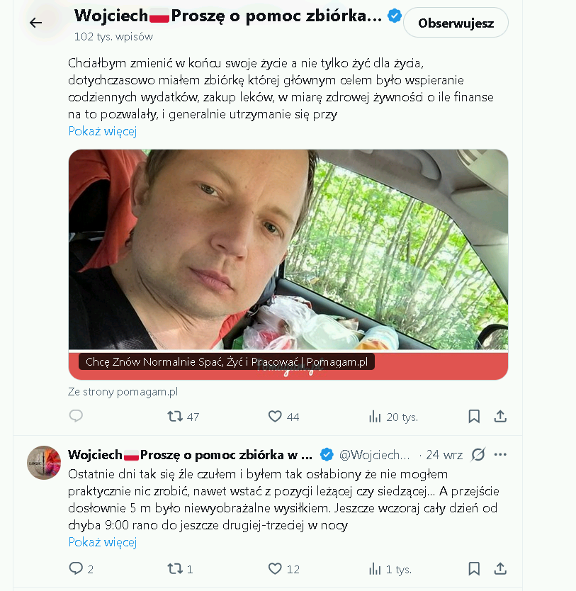 coolfonpl's tweet photo. Pamiętacie Wojtka, który będąc ciężko chory mieszkał od grudnia w samochodzie? 

Niestety. Zmarł 5 dni temu, 1 października. https://t.co/sUaArRgOhK