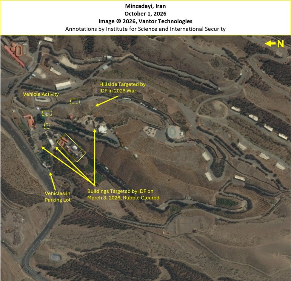 TheGoodISIS's tweet photo. NEW Report: Significant Activity Identified at Minzadayi, an Iranian Nuclear Weapons Development Site

High resolution @vantortech satellite imagery from September and October 2026 shows significant renewed activity at Minzadayi, a nuclear weapons development compound northeast of Tehran revealed by Israel during the 2026 war.  The compound was attacked by Israel on March 3rd, 2026, destroying several buildings and likely underground structures. The recent satellite imagery indicates a return to regular vehicle activity around the site post extensive cleanup operation that included the clearing of rubble and debris and repair of damage on the hillside.  One area attacked in March 2026 shows ongoing earth moving activity.  The earth moving activity is occurring at a surface made to look like a courtyard where multiple craters could be seen following the attacks on the site in March 2026. Significant vehicle presence can be seen throughout the site between early September and early October 2026. Cars are parked outside the security perimeter in the parking lot, and many passenger vehicles and trucks can be seen inside the perimeter.  Given what is known about this compound, this activity may be indicative of an effort by Iran to reestablish a nuclear weapons development capability and to reconstitute what was lost in the attack on the compound.  

Based on public reporting and statements released by the IDF, the nuclear weapons work carried out here likely involved research and development on nuclear warheads.  The IDF originally stated, that a “group of nuclear scientists operated covertly to develop a key component in the nuclear weapons system,” adding that “the complex is designed to enable the restoration of the required technology and the advancement of capabilities for the development of nuclear weapons.”

@IntelliTimes, released additional information on the compound.  In a post from September 24, 2026, it states that the nuclear weapons related infrastructure was established in 2022 and “absorbed part of the means from the nuclear warehouse,” a common reference to the Turquz Abad site revealed by Israeli Prime Minister Benjamin Netanyahu in September 2018.  Netanyahu revealed the site following Iran’s removal of more than a dozen shipping containers from the site that were assessed to hold nuclear material and equipment relevant to Iran’s nuclear weapons capabilities.[4]  When the IAEA visited Turquz Abad in March 2019, it found evidence that nuclear material or contaminated equipment had been present at the site and the IAEA Board has since been pressing Iran to answer the IAEA’s questions about the current whereabouts of said material and/or equipment. @IntelliTimes indicates Iran did not simply move the material and/or equipment to a new long term storage site but used the new site in northeast Tehran, aka Minzadayi, to establish an”  industrial nuclear headquarters for the reconstruction of research, development, and adaptation infrastructure for nuclear warheads,” including the means to “produce cores of enriched uranium and the explosive material required to cast into them the detonation chain.”[5]  The current renewed effort underway at this highly secure compound suggests that the work being conducted here is of top priority.

Read the report here: https://t.co/SXt9waDSER