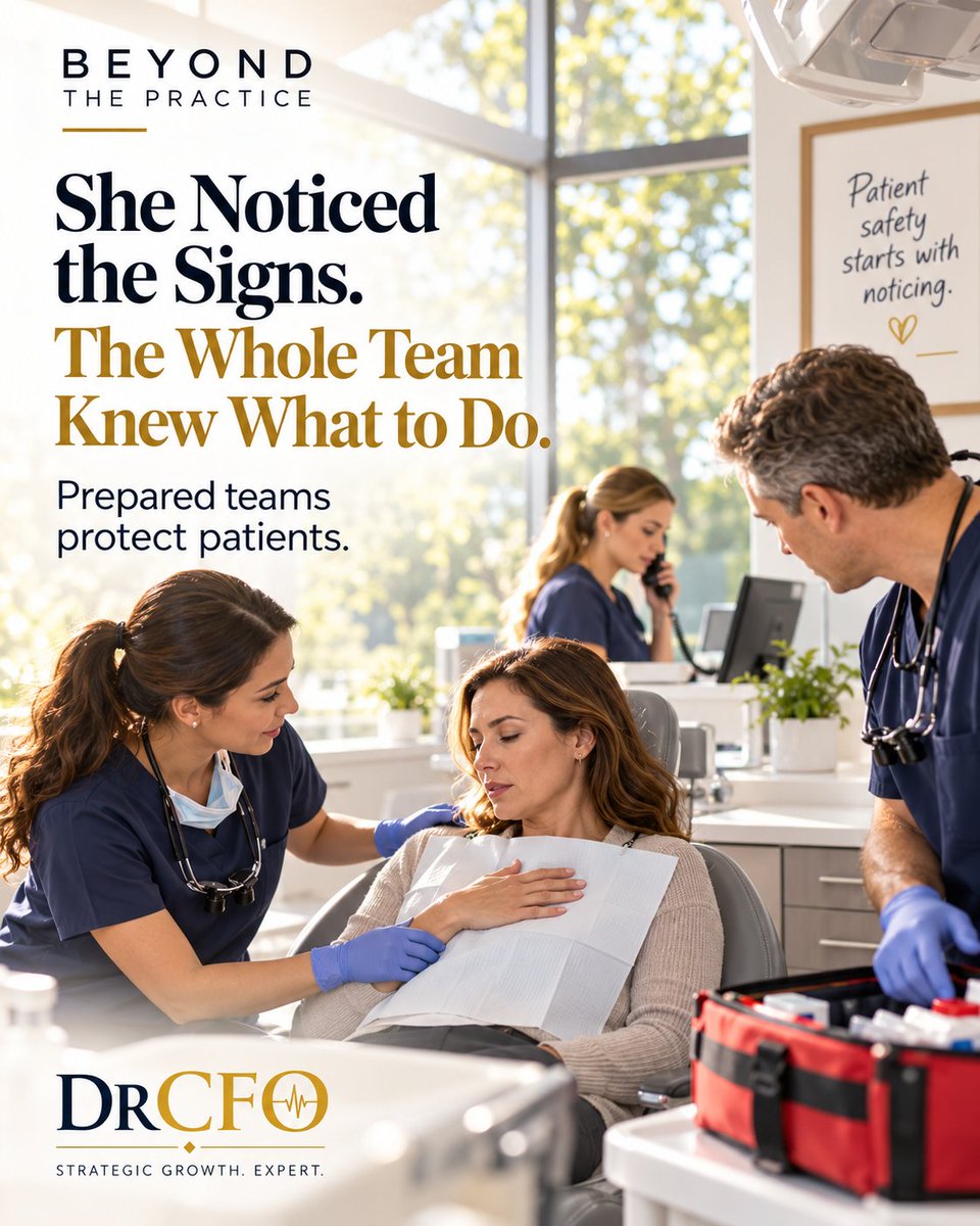 drcfo's tweet photo. SHE NOTICED A PATIENT RUBBING HER EYES. WITHIN MINUTES, THE WHOLE TEAM KNEW EXACTLY WHAT TO DO ❤️  
This one made us smile (and proud of this profession), so here’s this week’s Beyond the Practice story — a powerful reminder that dentistry is about much more than teeth. 

At Shira Dental Clinic at Fort Polk, Louisiana, dental assistant Aurora Manes was walking a patient in for a routine exam when she noticed swelling around her face and eyes.
Then the patient said her throat felt like it was starting to close.
The team moved immediately. Manes stayed with the patient and monitored her blood pressure. Capt. Wesley Hargett recognized the signs of anaphylaxis and administered epinephrine. Another assistant alerted the front desk, 911 was called, and emergency responders arrived within minutes.
The patient recovered — and returned later to finish her dental exam.
What stood out most?
“It was 100% a team effort,” Hargett said. “I trust my team completely.”
The response looked effortless because they were prepared. Everyone knew their role, where the emergency supplies were, and what needed to happen next.
That’s Beyond the Practice.
Sometimes great patient care starts with simply noticing something isn’t right — and having a team prepared to act.
💬 If a patient had an emergency in your office tomorrow, would everyone know their role?
#BeyondThePractice #DentalPractice #PracticeManagement #TeamCulture #PatientSafety #DrCFO