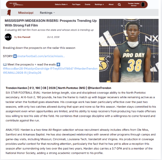 HardenTrendon's tweet photo. Blessed to be recognized by @SixStarFootball as one of Mississippi’s Midseason Risers! 🙏

I’m staying focused, putting in the work, and getting better every week. Thank you @EricPannell for the evaluation!

2 catches allowed in 2 seasons. 0 this season. 🔒

6’2” | 190 lbs | CB | Class of 2028

Article link

https://t.co/YxGljF7Q7F

#AGTG #ClassOf2028 #MississippiFootball