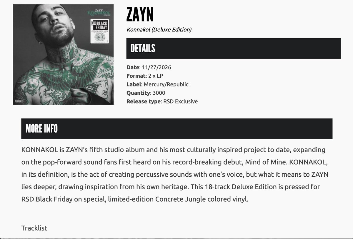 ZaynJMMex's tweet photo. Zayn lanzará una edición exclusiva de “KONNAKOL (Deluxe Edition)” para el Record Store Day Black Friday 2026 este 27 de noviembre. https://t.co/AuynXChgUB