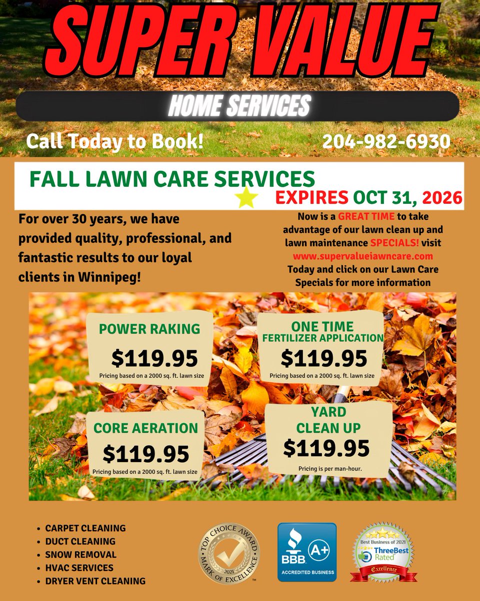 SuperValueHS's tweet photo. Your Lawn Isnโt Ready for Winter Yet ๐
#SuperValueHomeServices #FallCleanup #FallLawnCare #LawnCare #PowerRaking #YardCleanup #Winnipeg #WinnipegMB #Manitoba #WinterPrep https://t.co/DwjHehqig2