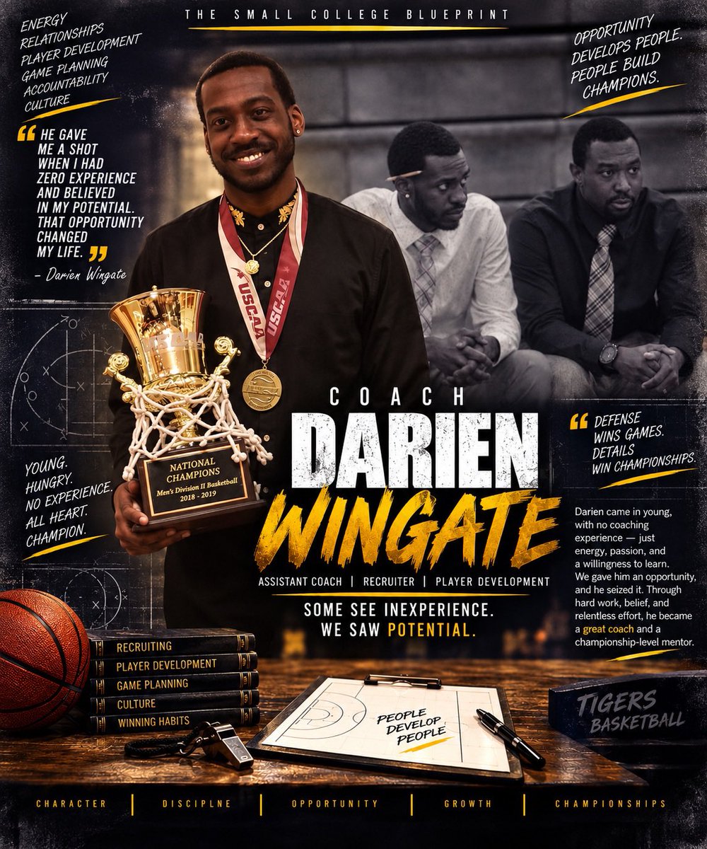 SmallCollegeBP's tweet photo. I Gave Darien “Coach Dee” Wingate his first college coaching opportunity at Penn State Wilkes-Barre.

Five seasons together. Helped build the culture. 2019 National Champions. 🏆

Years later, we reunited on the sideline at Paul Quinn College.

He became part of the blueprint. https://t.co/xubU4GXolz