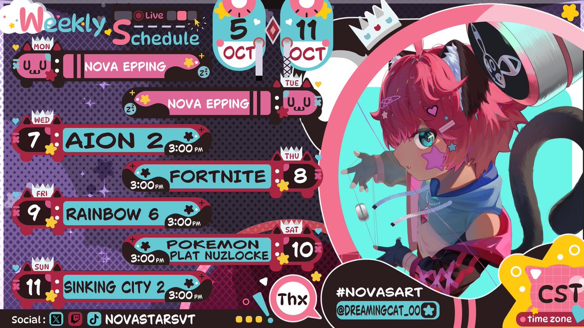 NovaStarsVT's tweet photo. ✨Nova's Stream schedule✨
✨OCT 5 - OCT 11✨
🎨 Art : @/dreamingcat_00 https://t.co/krcTVOEavX