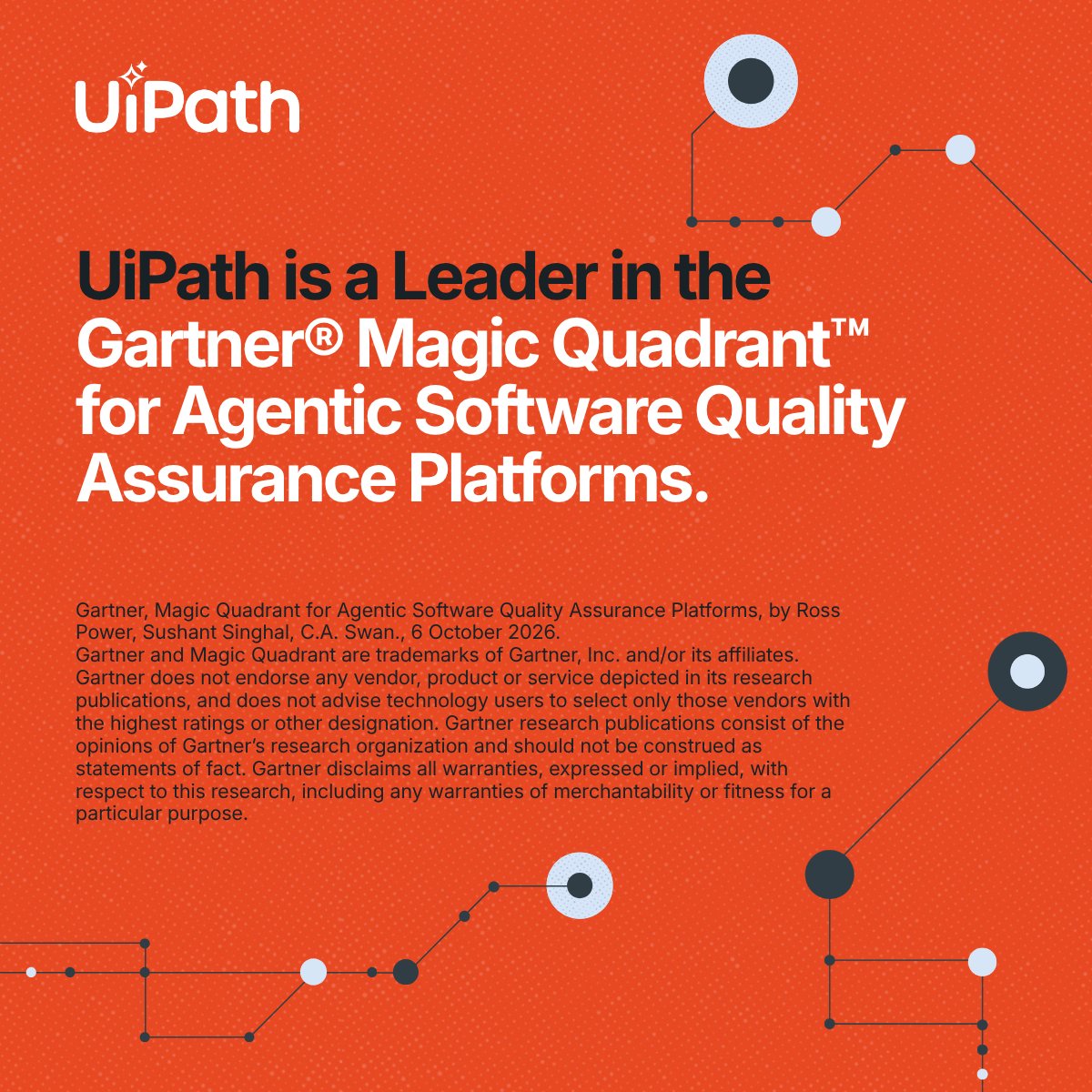 UiPath's tweet photo. We're proud to announce we've been recognized as a Leader in the Gartner® Magic Quadrant™ for Agentic Software Quality Assurance Platforms. We have been recognized based on our Ability to Execute and Completeness of Vision.

Stay tuned for additional details, including complimentary access to the report.