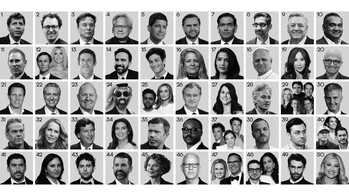VanityFair's tweet photo. Vanity Fair’s New Establishment list: 

1. Sam Altman: The Oppenheimer 
2. Dario Amodei: The Paradox 
3. Elon Musk: The Mad King 
4. Jensen Huang: The Man Selling Picks and Shovels for the Gold Rush 
5. Kevin Warsh: The Market Mover 
6. JD Vance: The MAGA Heir 
7. Marco Rubio: The MAGA Spare 
8. Sundar Pichai: The Constant Gardener 
9. Ted Sarandos: The Winner 
10. Neal Mohan: The New Hollywood Mogul 
11. Andy Jassy: The Big Chop 
12. Jared Kushner and Ivanka Trump: The Prodigal Son-in-Law and Favored Daughter
13. John Ternus: Not Far From the Tree 
14. Zohran Mamdani: The Merry Mayor 
15. Josh Kushner: The Good Kush 
16. Gwynne Shotwell: The Adult in the Room 
17. Alexandria Ocasio-Cortez: The Free Radical 
18. Pope Leo XIV: His Holiness the Humanist 
19. Meredith Kopit Levien: The Lady of the Gray Lady 
20. Satya Nadella: Macro at Micro 
21. David Ellison: The Son Also Rises 
22. Gavin Newsom: The Californian 
23. Marc Andreessen: The Edgelord 
24. Sheik Tahnoon bin Zayed Al Nahyan: The Gamesman 
25. Tarek Mansour and Luana Lopes Lara: The Odds Couple 
26. Christopher Nolan: Zeus 
27. MacKenzie Scott: The Giver 
28. Alex Karp: The Philosopher King 
29. Delphine, Antoine, Alexandre, Frédéric, and Jean Arnault: Their Father’s Children 
30. Josh D’Amaro: Not Named Bob 
31. Lachlan Murdoch: The Fortunate Son 
32. Laurene Powell Jobs: The Benevolent Billionaire 
33. Tucker Carlson: MAGA’s Savonarola 
34. Kaitlan Collins: The Anchor 
35. Taylor Sheridan: The Lone Ranger 
36. Ryan Coogler: The Virtuoso 
37. Daniel Katz, David Fenkel, Nicolette Aizenberg: The Only Studio With Drip 
38. Matthieu Blazy: The Crown Prince 
39. Jon Ossoff: The Prospect 
40. The Democratic Socialists: The Insurgents 
41. Bad Bunny: The Headliner
42. Bari Weiss: The Arriviste 
43. Shayne Coplan: The Blockchain Brat 
44. Donald Trump Jr.: The Grifter 
45. Donna Langley: That’s Dame Donna to You 
46. Ryan Murphy: The Counselor of Camp 
47. James and Kathryn Murdoch: Gone Their Own Way 
48. Alex Soros and Huma Abedin: The True Blues 
49. Hasan Piker: Island in the Stream 
50. Erika Kirk: The Widow’s Peak 

https://t.co/XjF3alHcsl