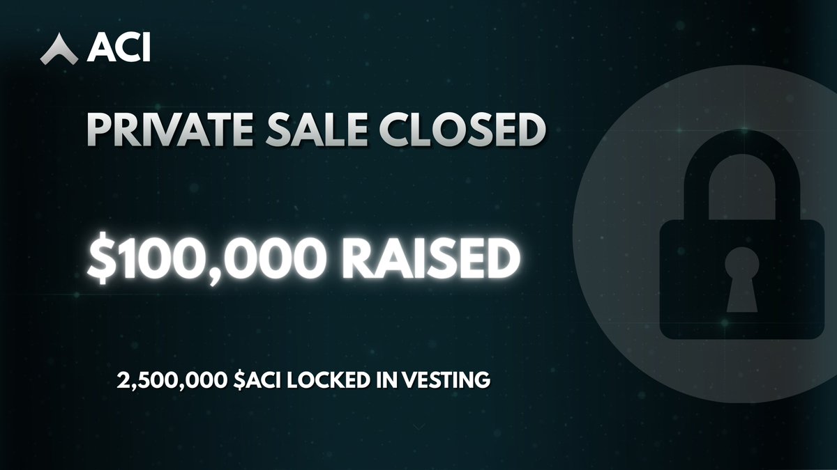 ACIToken's tweet photo. ACI Private Sale is officially closed. 

$100,000 raised.
 2,500,000 $ACI allocated to private-sale investors.

These tokens are subject to a vesting schedule, meaning they will remain locked and be released progressively according to the established terms.

Thank you to our early investors for supporting ACI Smart Intelligence and what we’re building.

One milestone completed. The next chapter begins.

$ACIToken
