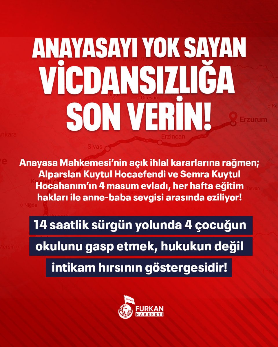 frknhrkti's tweet photo. ANAYASAYI YOK SAYAN VİCDANSIZLIĞA SON VERİN!

Anayasa Mahkemesi’nin açık ihlal kararlarına rağmen;

Alparslan Kuytul Hocaefendi ve Semra Kuytul Hocahanım’ın 4 masum evladı, her hafta eğitim hakları ile anne-baba sevgisi arasında eziliyor!

14 saatlik sürgün yolunda 4 çocuğun okulunu gasp etmek, hukukun değil intikam hırsının göstergesidir!

#FurkanaSistematikZulüm
Cocuklar OkulundanOlmasın
AlparslanHoca CocuklarınaZulüm