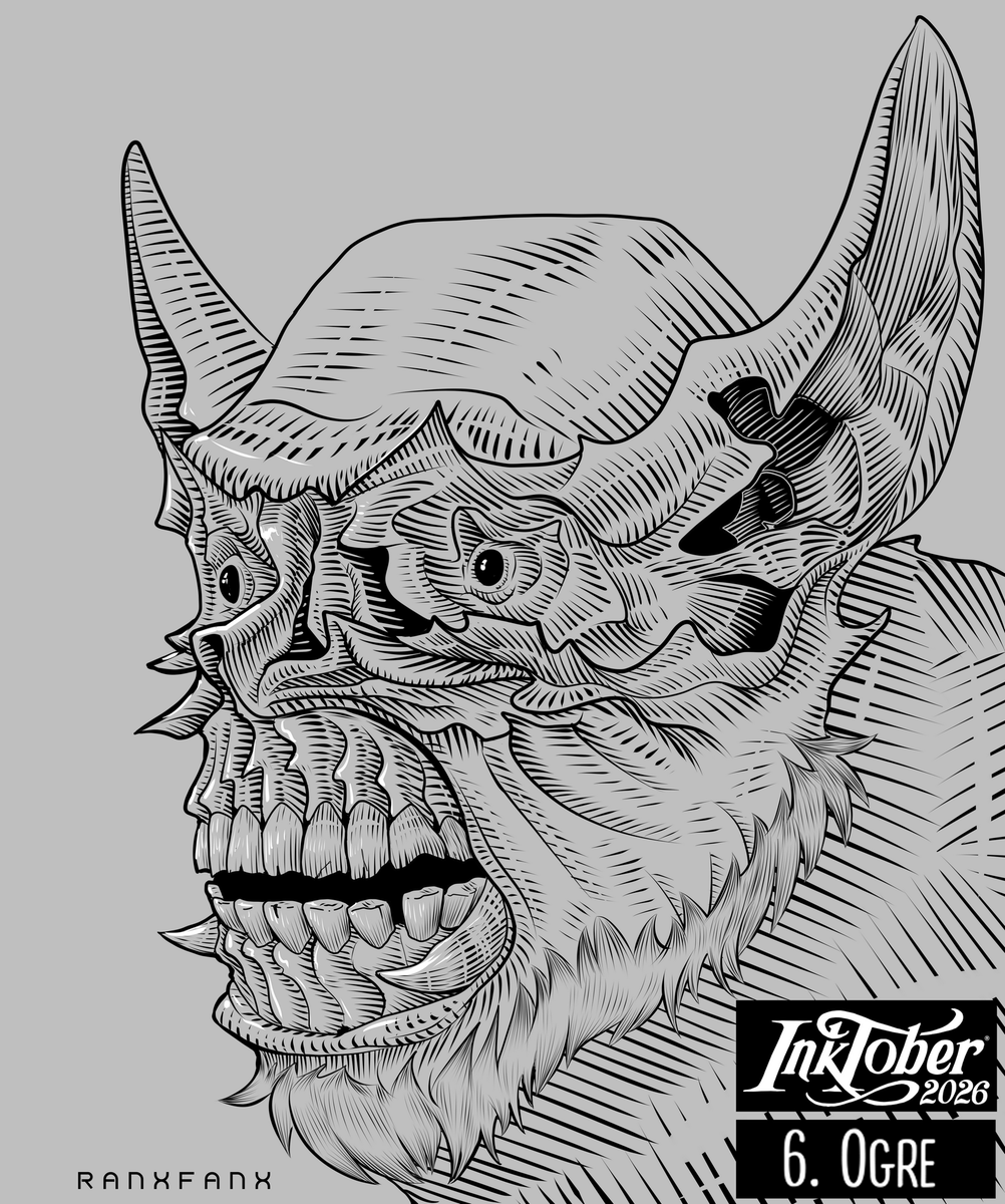ranxfanx's tweet photo. The idea is that the ogre's "face" would have echolocation wrinkles, like some species of bats, which should compensate for their poor eyesight.

#digitalart #art #inktober2026 #inktober #ogre https://t.co/oVOUB9gJgJ