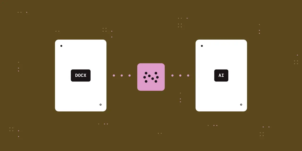 Two white document panels on a brown background are labeled DOCX on the left and AI on the right, with a pink square of dots between them suggesting conversion or processing. Small decorative dot clusters are scattered around the background.