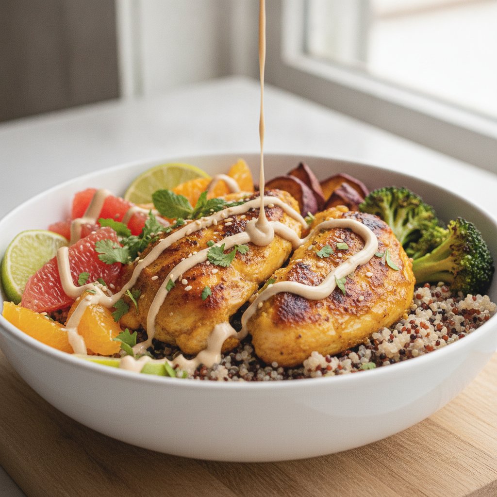 RecipeBoxAI's tweet photo. 42 g of protein in one bowl, ready in 45 minutes. Turmeric-and-cumin chicken over fluffy quinoa with baby spinach, cherry tomatoes and cucumber, all under a tahini-ginger drizzle. Step-by-step recipe free on RecipeBox AI. #recipe #mediterranean

https://t.co/l7A2MW7Fen https://t.co/74CXCz4mKl