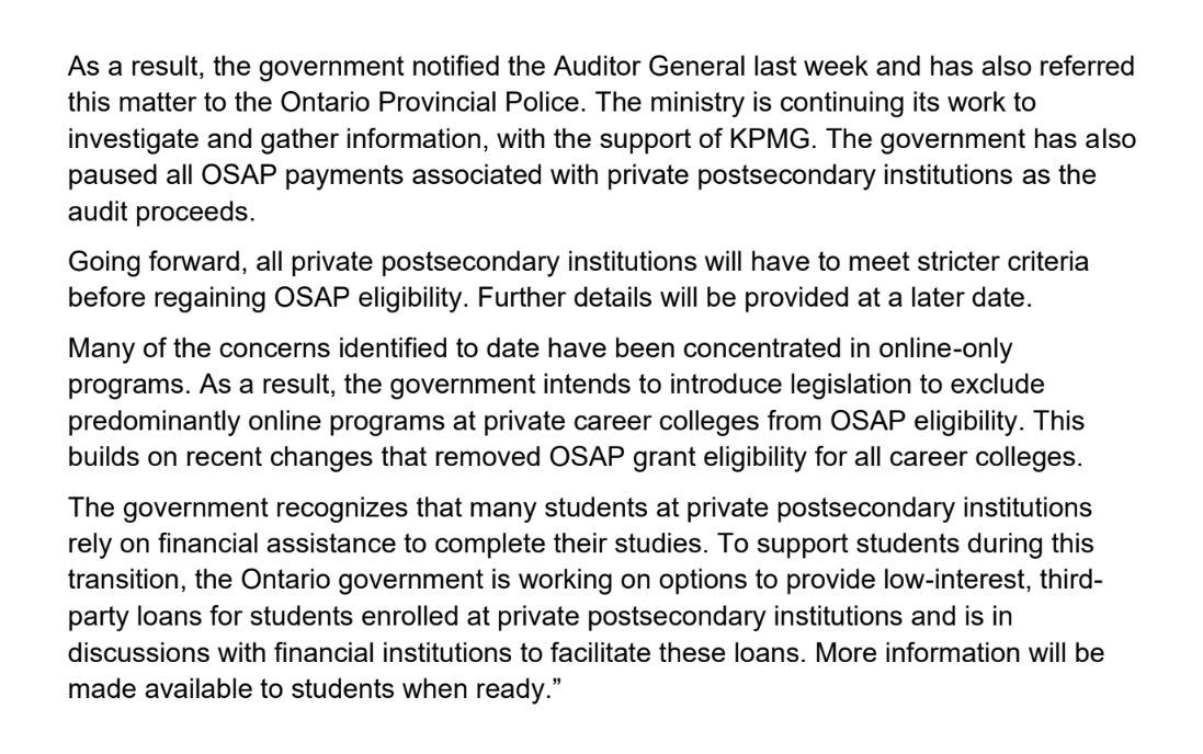 ahmadelbayoumi's tweet photo. BREAKING: The Ford government is pausing all OSAP payments to private post-secondary institutions after an independent third-party audit raised what the government calls “serious concerns” about the integrity of OSAP applications in the sector.

Full statement: https://t.co/03FJYotmsD