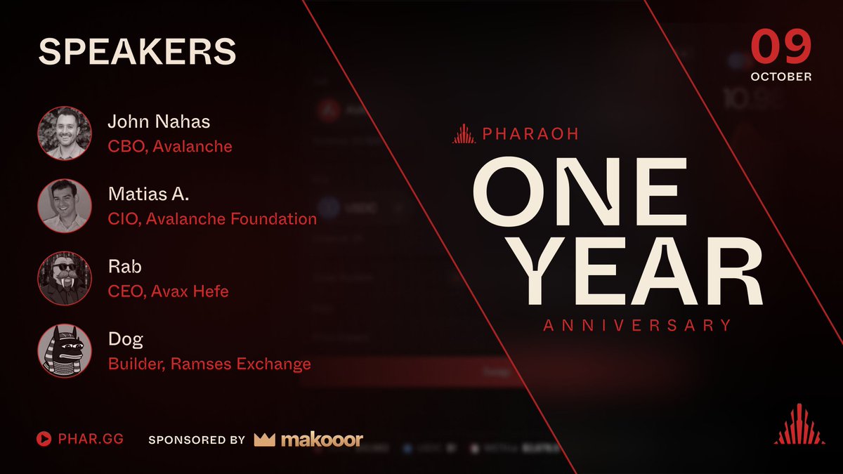 PharaohExchange's tweet photo. To celebrate our anniversary, we're hosting a livestream on the 9th Oct with some of our closest friends joining us as speakers:

@JohnNahas84 - CBO Avalanche
@frostLedger  - CIO Avalanche Foundation
@rabisright - CEO Avax HEFE
@keccakdog  - Ramses Exchange

The event is also sponsored by our good friend @makooorX 

We're also giving away $10,000 in prizes with competitions - active right now. View our timeline for more details.