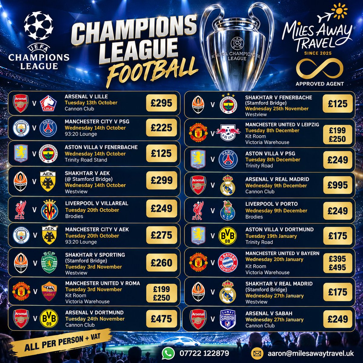 miles_awayuk's tweet photo. ⚽ CHAMPIONS LEAGUE FOOTBALL! 🏆
Premium hospitality tickets available for some huge European fixtures! 🔥

🎟️ Arsenal • Liverpool • Man City • Man United • Aston Villa & more

💷 From £125pp + VAT
⭐ Fantastic hospitality options available

📲 WhatsApp: 07722 122879
📧 aaron@milesawaytravel.uk

⚠️ Availability is limited – message me to book!

#ChampionsLeague #FootballTickets #FootballHospitality #UCL #Arsenal #LiverpoolFC #ManchesterUnited #ManchesterCity #AstonVilla #MilesAwayTravel
