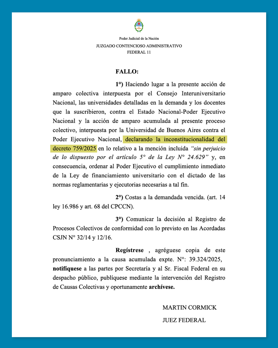 CINoficial's tweet photo. ⚖️ La justicia declaró inconstitucional el decreto que frenó la Ley de Financiamiento Universitario y ordenó aplicarla de inmediato.

#UniversidadPúblicaSiempre 🇦🇷 https://t.co/GgggnvIsdW