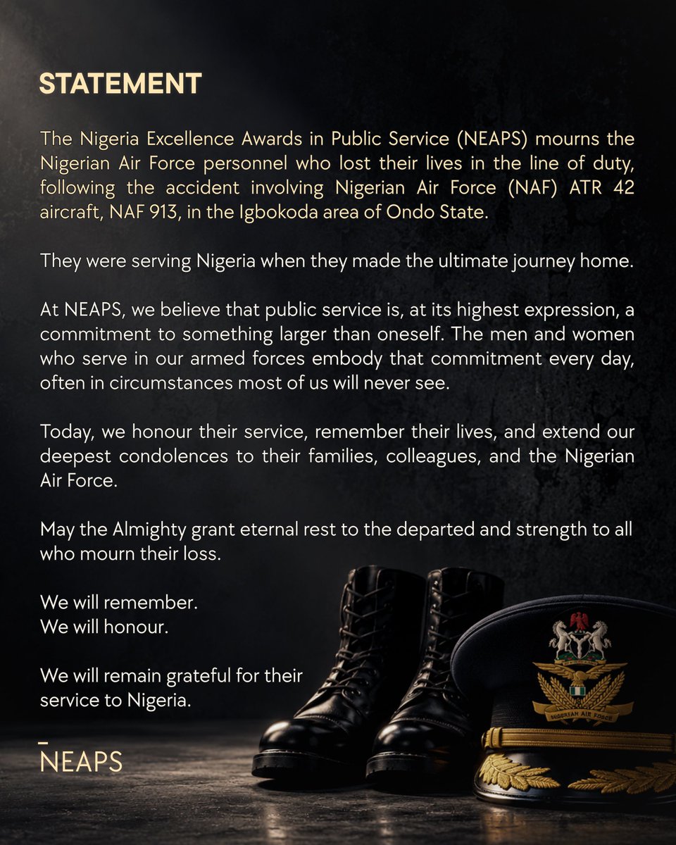 theneapsawards's tweet photo. NEAPS mourns with the Nigeria Air Force.

We will honour. We will remember. We will remain grateful for their service to Nigeria.

🕯️🪖 https://t.co/Hlllzq3zjH