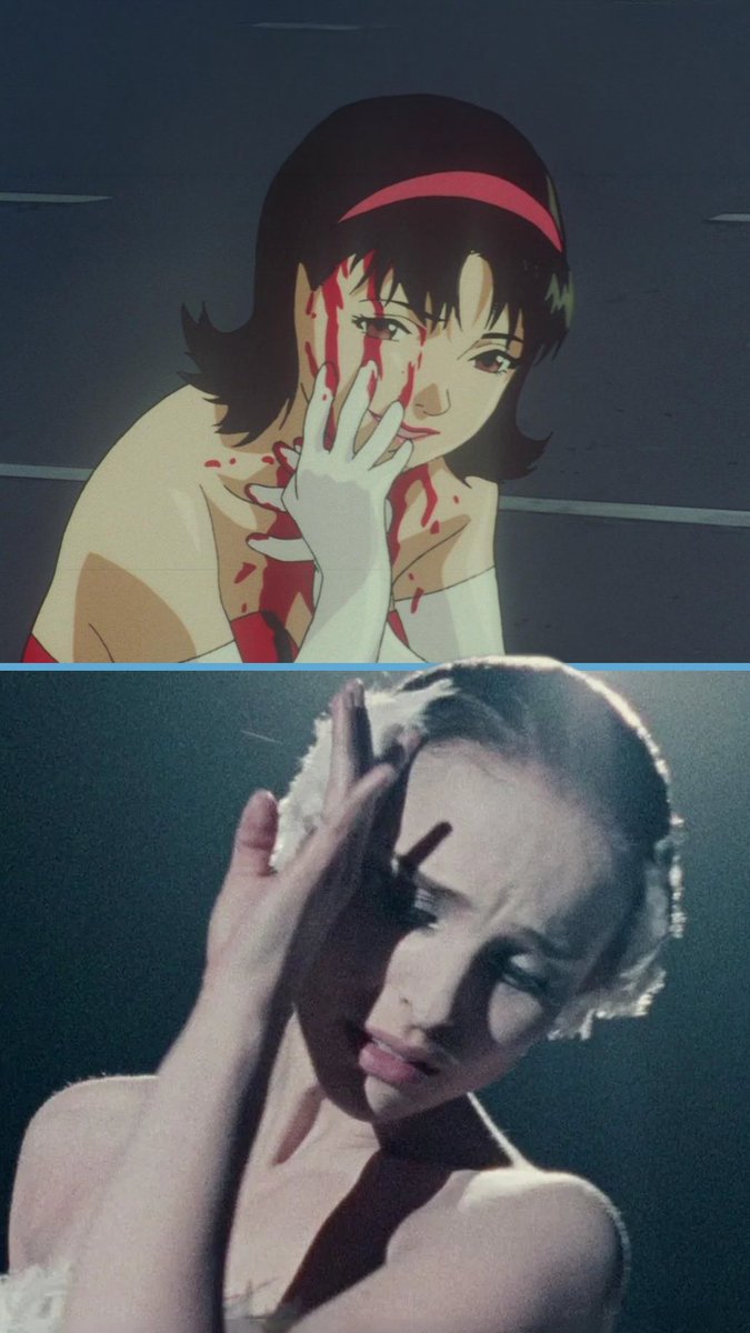 The image shows a side-by-side comparison of two similar poses: an animated character with dark hair and a red headband covering her blood-streaked face with a white-gloved hand (top), and Dakota Johnson mimicking the same gesture with a black-gloved hand over her face (bottom), seemingly recreating the iconic animation in live-action.