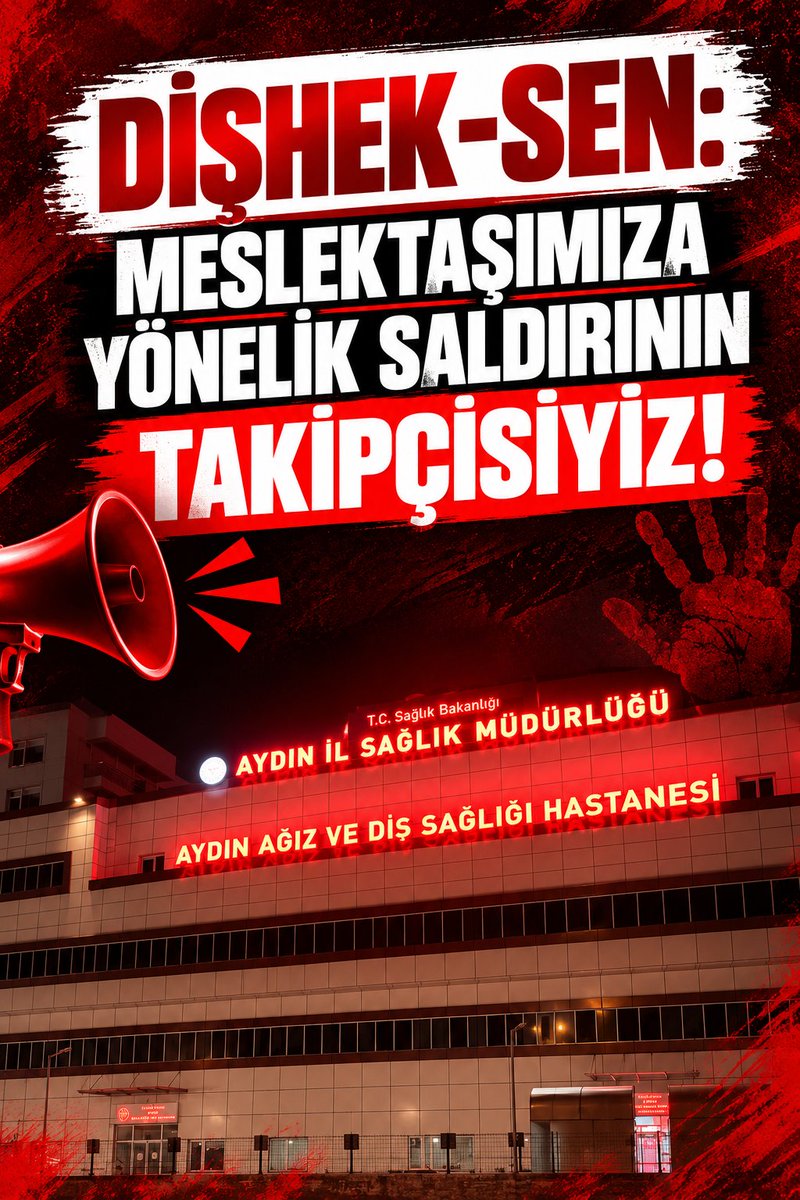 disheksen_org's tweet photo. 📢 DİŞHEK-SEN: MESLEKTAŞIMIZA YÖNELİK SALDIRININ TAKİPÇİSİYİZ!

Aydın Ağız ve Diş Sağlığı Hastanesinde, tedavi sırasında bir hastanın meslektaşımıza saldırarak başından yaraladığı, meslektaşımızın tedavisinin ardından darp raporu aldığı ve saldırganın gözaltına alındığı bilgisi sendikamıza ulaşmıştır.

Hekime yönelik şiddetin hiçbir gerekçesi ve mazereti olamaz. Mesleğini icra ederken fiziksel saldırıya uğrayan meslektaşımıza geçmiş olsun dileklerimizi iletiyor, saldırıyı şiddetle kınıyoruz.

Diş hekimlerine yönelik şiddet münferit vakalar olarak görülmemeli; önleyici tedbirler, etkin güvenlik uygulamaları ve caydırıcı hukuki yaptırımlarla bütüncül biçimde ele alınmalıdır.

Şiddetin önlenmesi için;

🔴 Sağlık kuruluşlarında risk temelli güvenlik tedbirleri güçlendirilmeli, 
🔴 Sağlık çalışanlarına yönelik şiddette caydırıcı ve etkin yaptırımlar uygulanmalı, 
🔴 Beyaz Kod ve adli süreçler etkin biçimde takip edilmeli, 
🔴 Cezasızlık algısına yol açabilecek uygulamalara izin verilmemeli, 
🔴 Diş hekimlerinin güvenli çalışma hakkı eksiksiz güvence altına alınmalıdır.

DİŞHEK-SEN olarak meslektaşımıza ulaşacak, süreci yakından takip edeceğiz. Talep etmesi hâlinde hukuki desteğimizle, her koşulda mesleki ve manevi dayanışmamızla yanında olacağız.

Diş hekimleri şiddete maruz kalmak için değil, sağlık hizmeti sunmak için görev yapmaktadır.

Meslektaşlarımızın can güvenliğini ve güvenli çalışma hakkını savunmaya, sağlıkta şiddetin her türüne karşı mücadele etmeye devam edeceğiz.

@adalet_bakanlik
@saglikbakanligi
@drmemisoglu
@sbkhgm
@memindemirkoltr
@sagliklicozum
@tcbestepe
@TBMMresmi

✅ DİŞHEKSEN faaliyetlerini incelemek ve üye olmak için
🔗 https://t.co/uXTsEApaRM