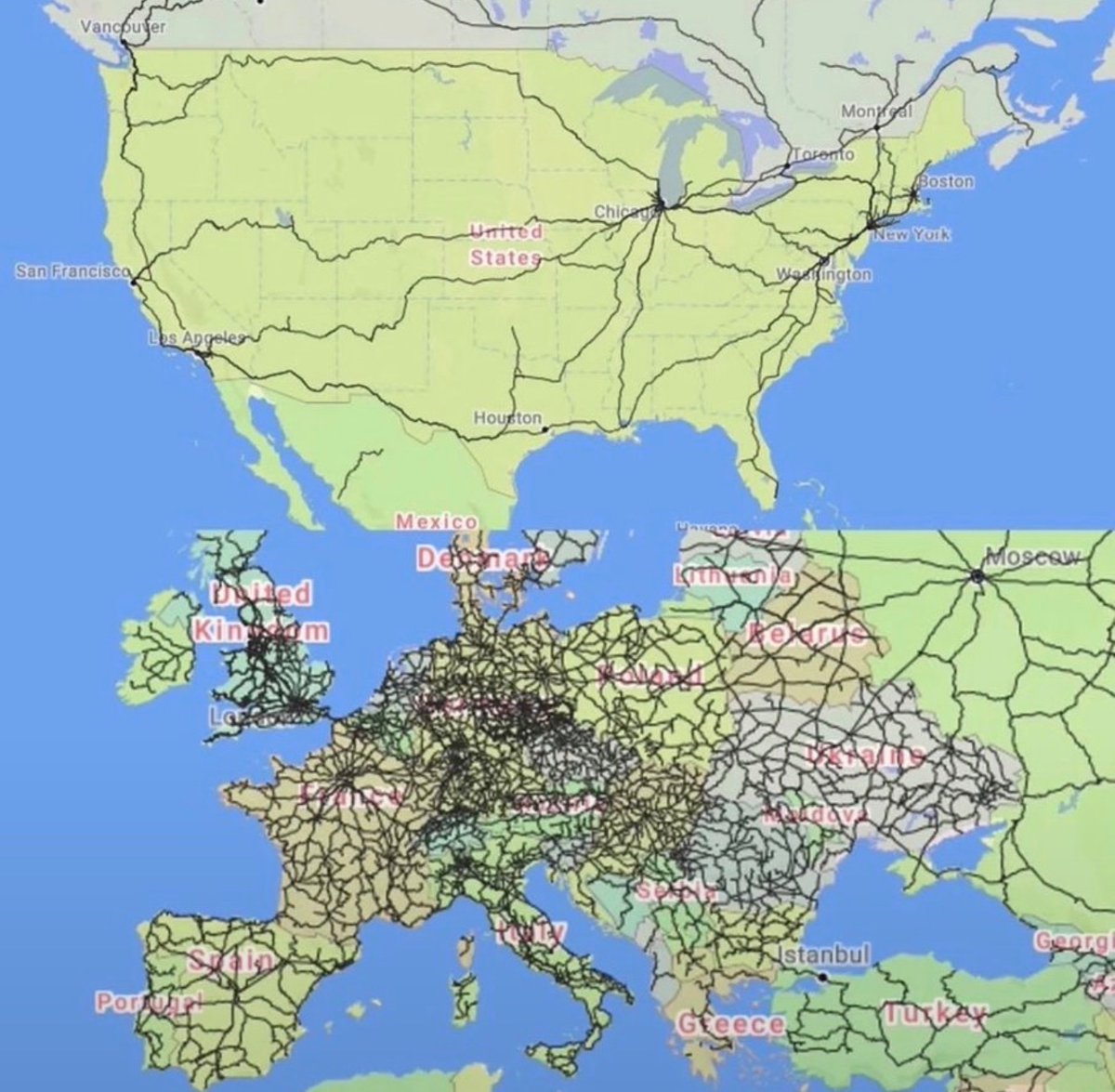 NoContextHumans's tweet photo. Passenger train routes across the United States vs. Europe https://t.co/PO3qVukUak