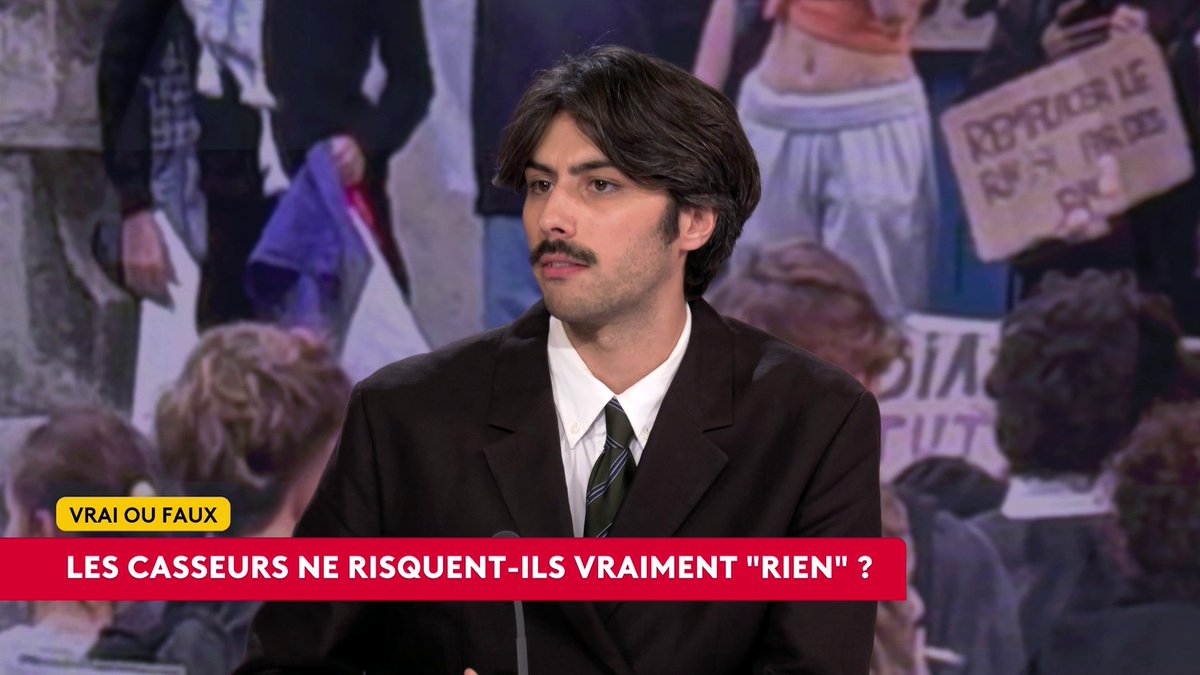 A man in a dark suit and green tie speaks during a television segment, with on-screen text reading "VRAI OU FAUX" and "LES CASSEURS NE RISQUENT-ILS VRAIMENT 'RIEN'?" The image relates to the accompanying post, which questions the assertion that young vandals face no consequences during protests, featuring an interview or discussion about the leniency of the justice system toward rioters.