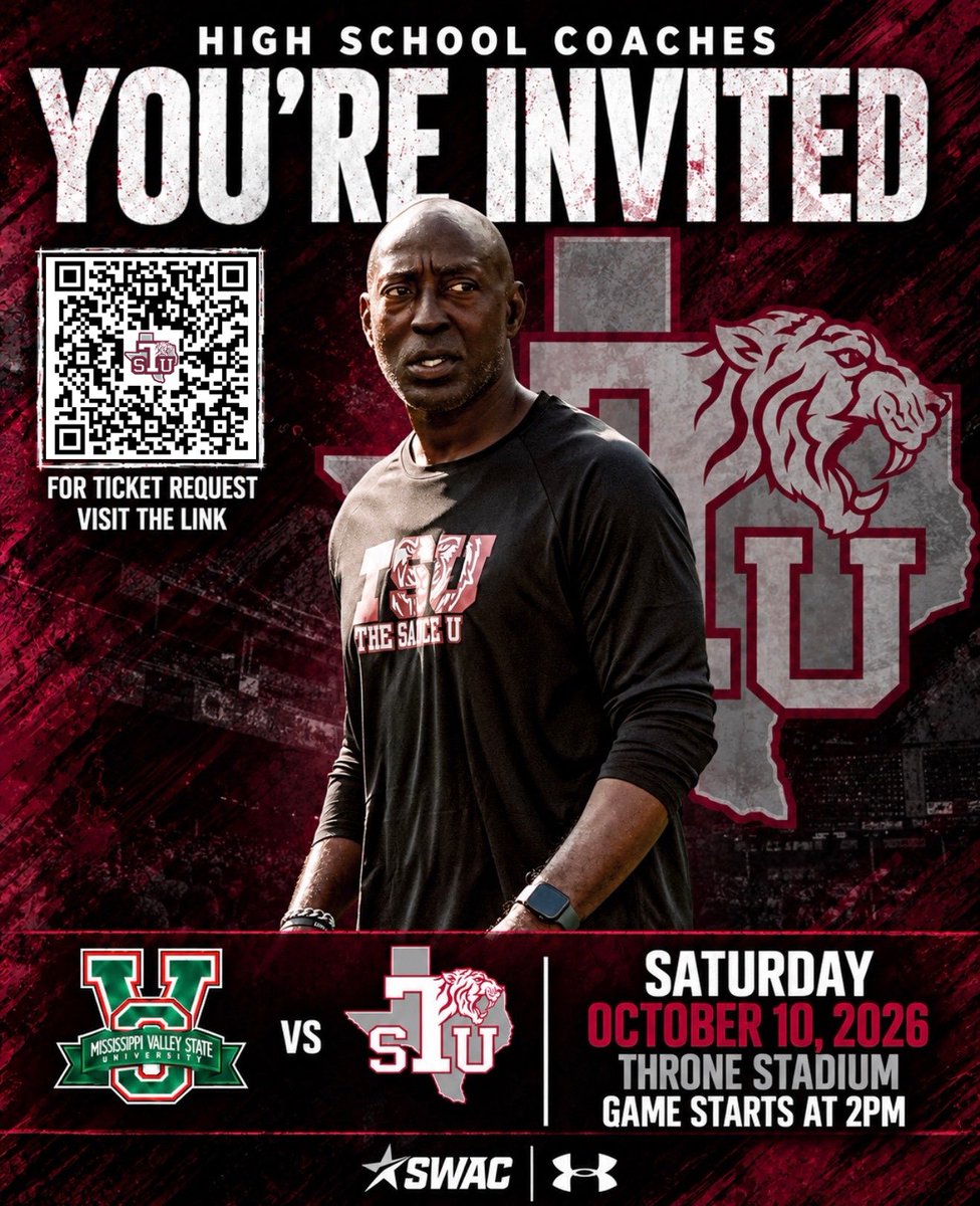 TSUFootball's tweet photo. 🗓️: TSU vs Mississippi Valley State (10/10/2026)
⌚️: 6:00 PM 
📍: Thorne Stadium

HS Coaches: Sign-Up w/ QR Code

Deadline: 10/9/26 (Friday) at 12 PM (Noon)

Note: Tickets are Limited!

#WeAreTexasSouthern
#TexasSouthernFootball https://t.co/DKTII9kn9L