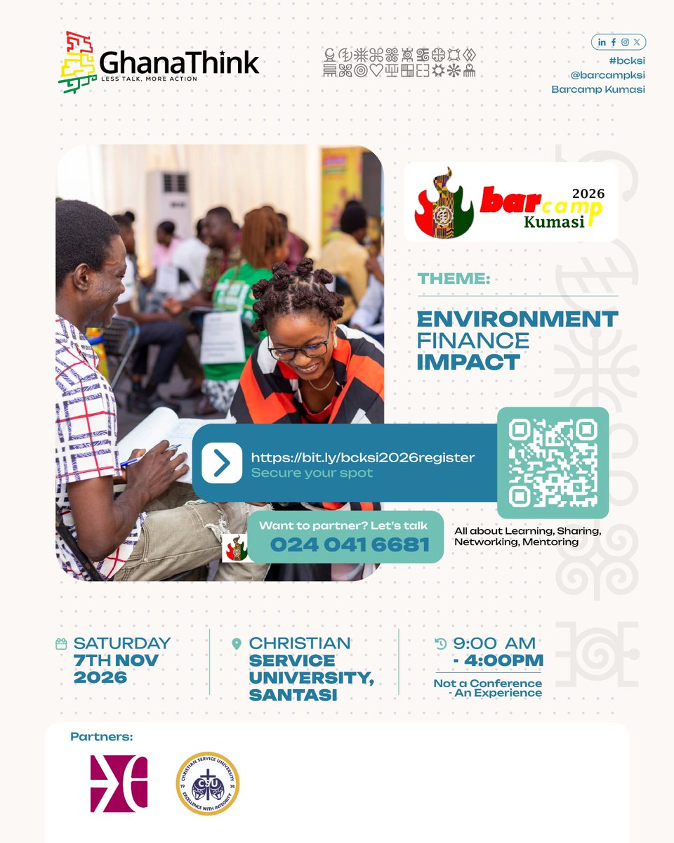Barcampkumasi's tweet photo. Who are you coming to #BarcampKumasi with?
Tag them! 🙌🏾
📅 Nov 7 | 📍 Christian Service University
🎟️ FREE — Register now 👉 https://t.co/xVo5nEaEet

#Kumasi #KumasiGhana #Oseikrom #Kumerica #Ashanti #AshantiRegion #KumasiEvents https://t.co/vG4XbElxYJ