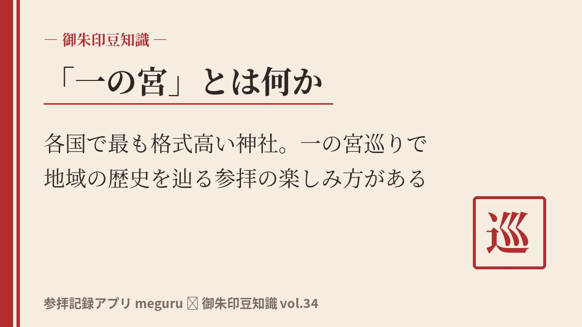 tesaguristudio's tweet photo. 「一の宮」ってご存知ですか？⛩ 昔の各国で最も格式が高いとされた神社のこと。全国に一の宮が点在していて、それを巡るのを「一の宮巡り」と呼ぶんです。

地域の歴史を辿りながら参拝できるのが面白くて、御朱印集めと相性も良い。meguruで一の宮巡りの記録をつけてる方も多いですよ。

#御朱印 #御朱印巡り