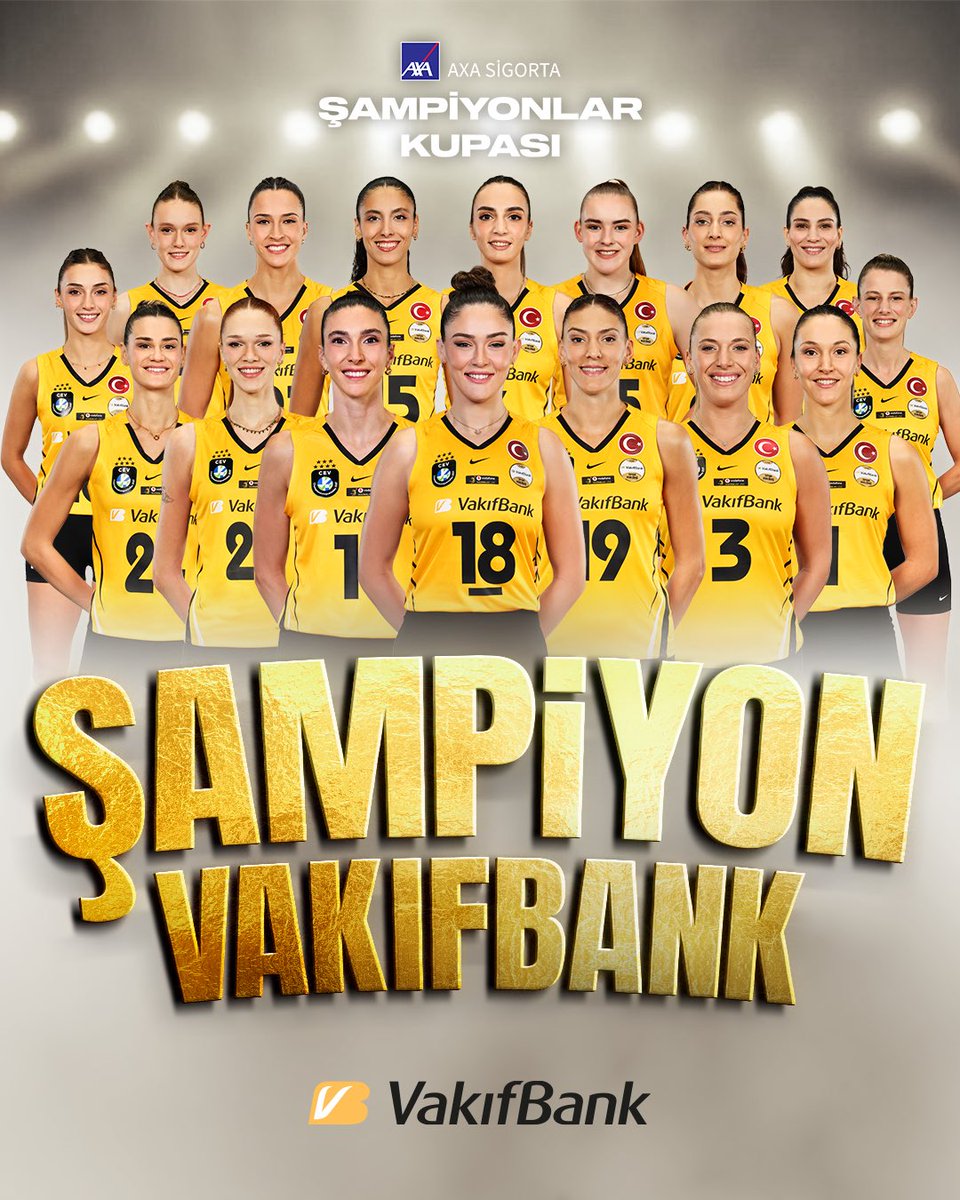 VakifBank's tweet photo. 🏆 AXA Sigorta Şampiyonlar Kupası Şampiyonu 6. kez VAKIFBANK! 💛🖤 https://t.co/pQ1JAO0N5i