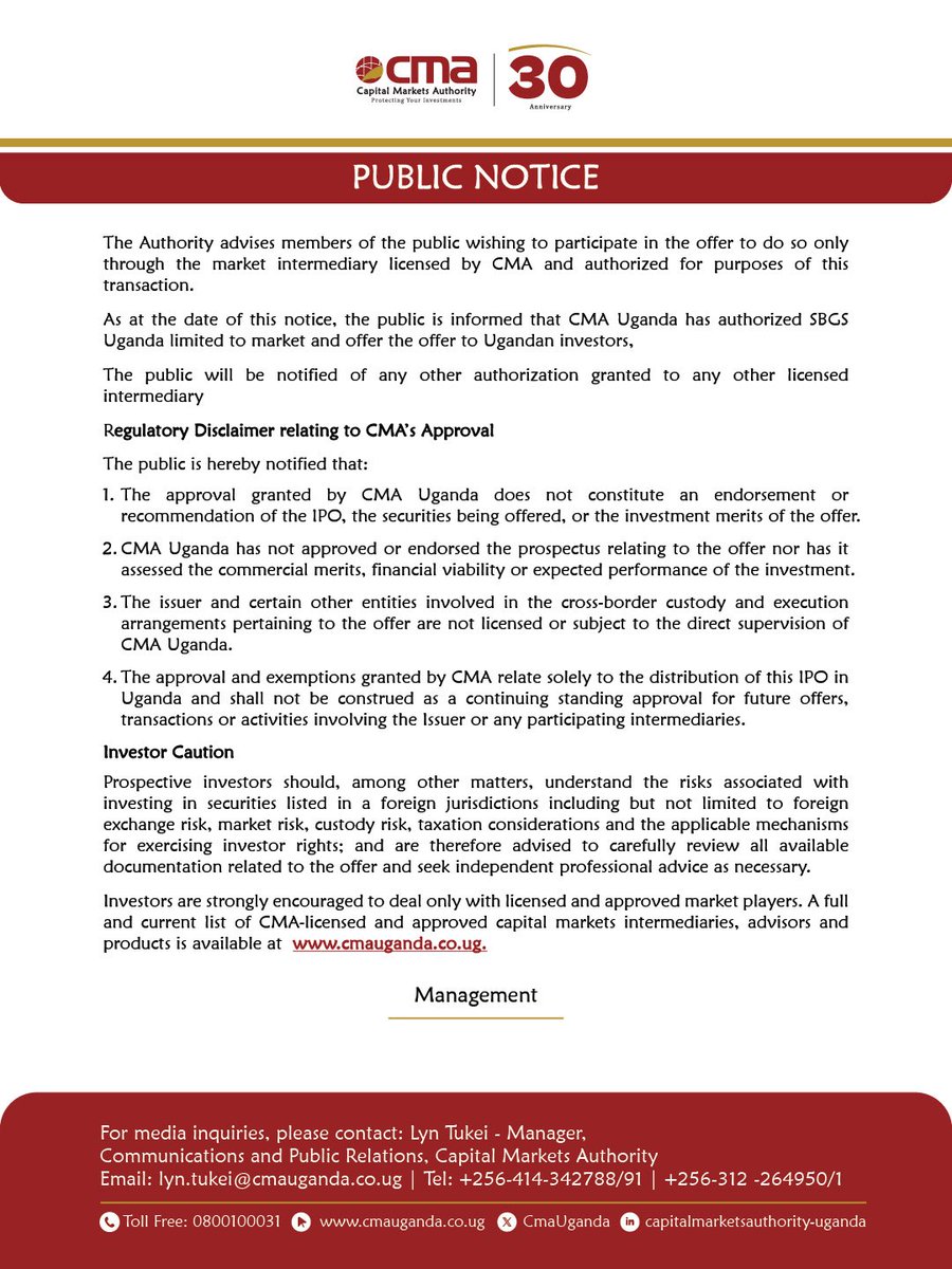 CmaUganda's tweet photo. PUBLIC NOTICE | Dangote IPO

CMA Uganda has authorized the offer of the Dangote Petroleum Refinery and Petrochemicals FZE IPO to eligible investors in Uganda.

As of the date of the notice, SBG Securities Uganda Limited is the authorized intermediary for the offer.

Investors are encouraged to read the Public Notice for the conditions of the offer and important investor guidance.

#CMAUganda #InvestorProtection #CapitalMarkets #IPO